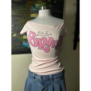 Bratz Graphic Tee Small Pink Rhinestone Logo Off Shoulder Top Small